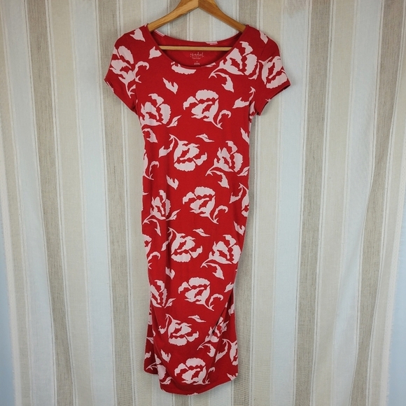 Isabel Maternity Floral Midi Dress‎ Formfitting Red White Size Small - Picture 1 of 8
